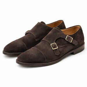 Regain Double Monk Strap Shoes Dark Brown Suede Cap Toe Made in Italy Men’s 42